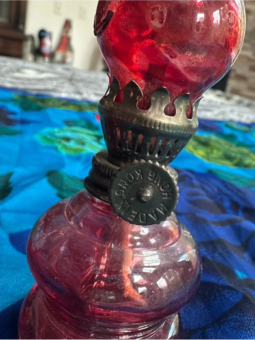 Handmade Red Glass Oil Lamp with Metal Burner
